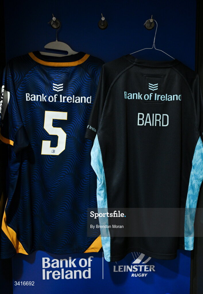5 April 2026; The jersey of Ryan Baird in the Leinster dressingroom before the Investec Champions Cup match between Leinster and Edinburgh at the Aviva Stadium in Dublin. Photo by Brendan Moran/Sportsfile