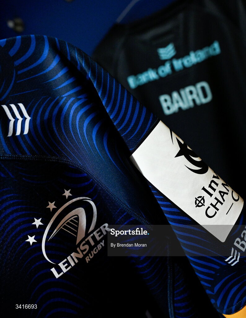 5 April 2026; The jersey of Ryan Baird in the Leinster dressingroom before the Investec Champions Cup match between Leinster and Edinburgh at the Aviva Stadium in Dublin. Photo by Brendan Moran/Sportsfile