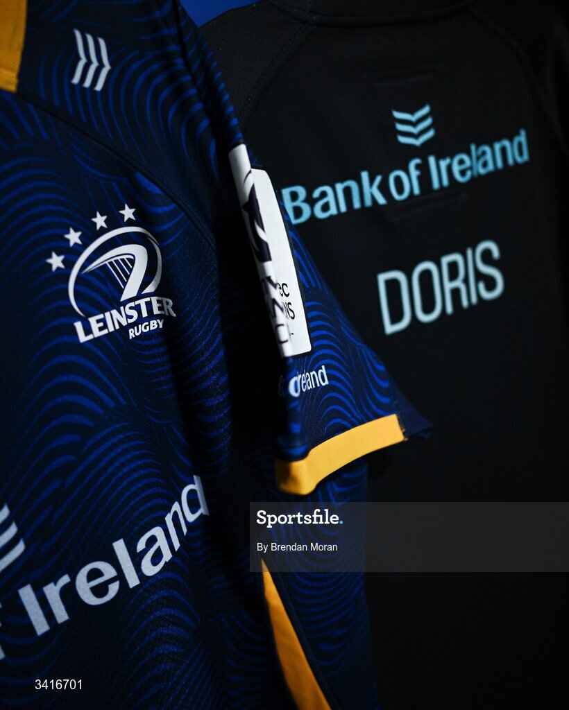 5 April 2026; The jersey of captain Caelan Doris in the Leinster dressingroom before the Investec Champions Cup match between Leinster and Edinburgh at the Aviva Stadium in Dublin. Photo by Brendan Moran/Sportsfile