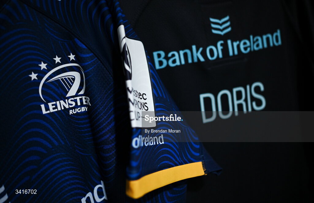 5 April 2026; The jersey of captain Caelan Doris in the Leinster dressingroom before the Investec Champions Cup match between Leinster and Edinburgh at the Aviva Stadium in Dublin. Photo by Brendan Moran/Sportsfile