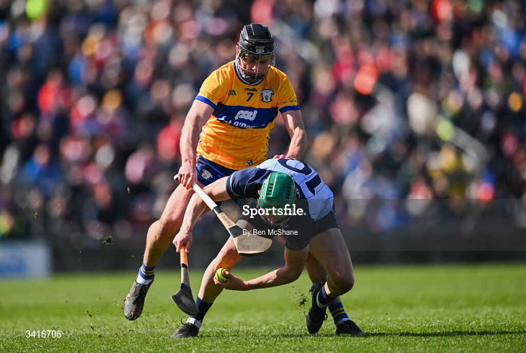 5 April 2026; Fergal Whitely of Dublin is tackled by Cathal Malone of Clare during the Allianz Hurling League Division 1B final match between Clare and Dublin at TUS Gaelic Grounds in Limerick. Photo by Ben McShane/Sportsfile