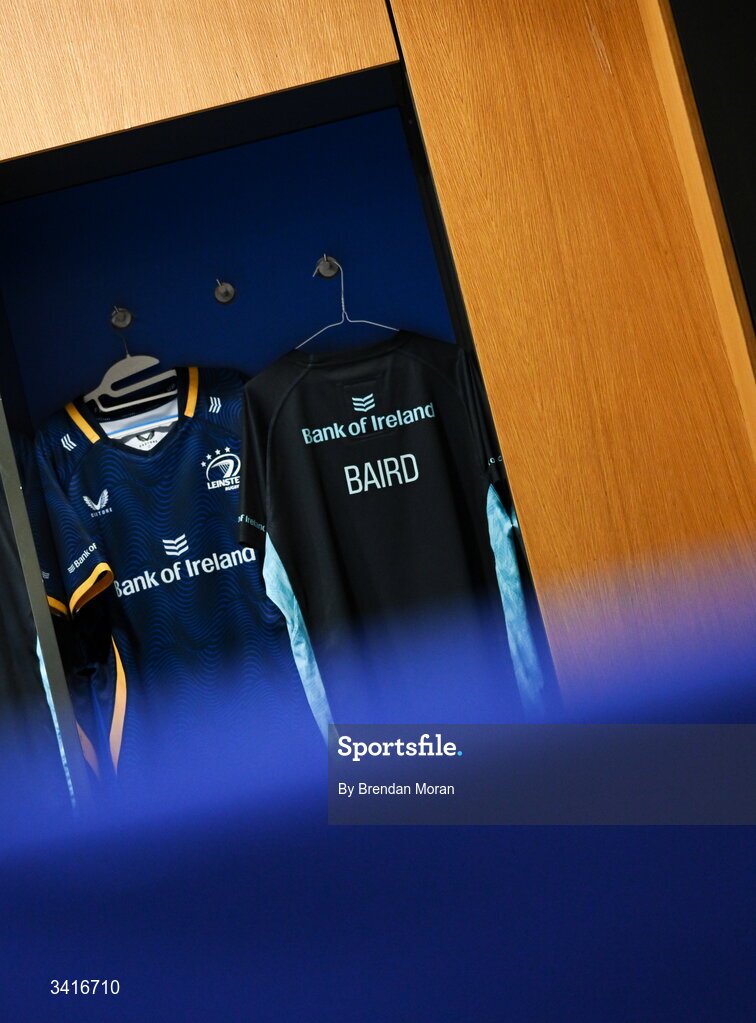 5 April 2026; The jersey of Ryan Baird in the Leinster dressingroom before the Investec Champions Cup match between Leinster and Edinburgh at the Aviva Stadium in Dublin. Photo by Brendan Moran/Sportsfile