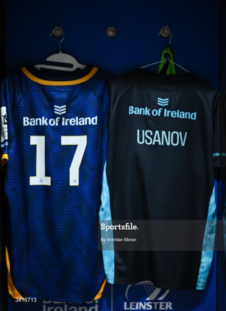 5 April 2026; The jersey of Alex Usanov in the Leinster dressingroom before the Investec Champions Cup match between Leinster and Edinburgh at the Aviva Stadium in Dublin. Photo by Brendan Moran/Sportsfile