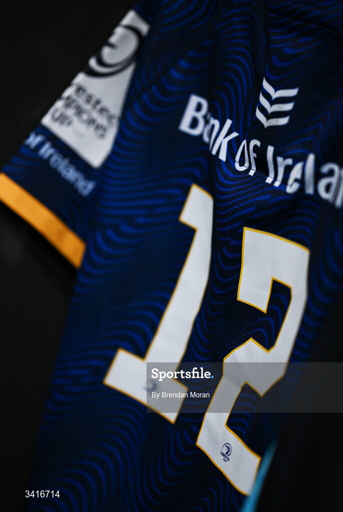 5 April 2026; The jersey of Jamie Osborne in the Leinster dressingroom before the Investec Champions Cup match between Leinster and Edinburgh at the Aviva Stadium in Dublin. Photo by Brendan Moran/Sportsfile