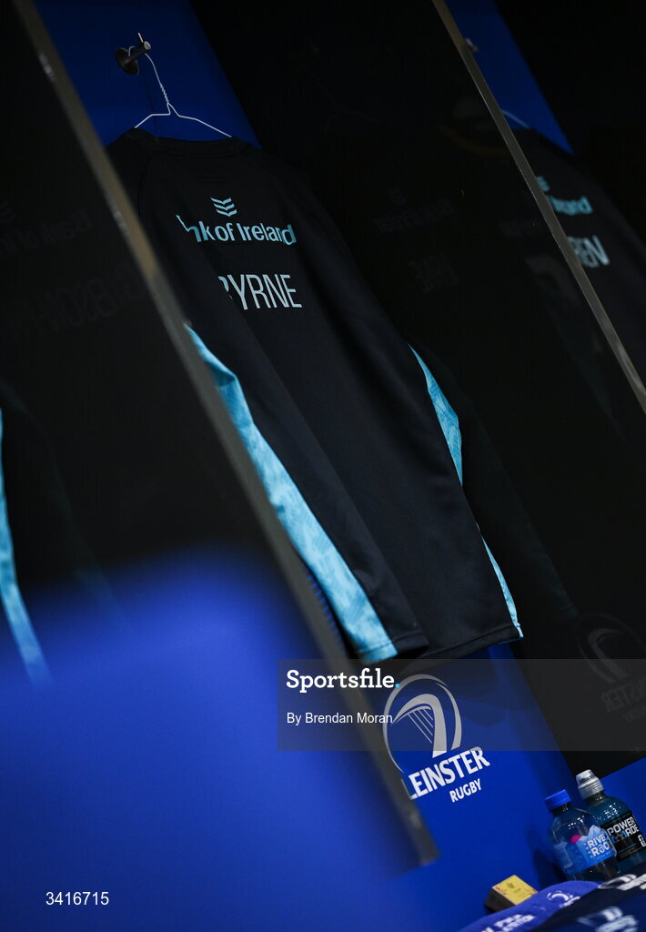 5 April 2026; The kit of Harry Byrne in the Leinster dressingroom before the Investec Champions Cup match between Leinster and Edinburgh at the Aviva Stadium in Dublin. Photo by Brendan Moran/Sportsfile