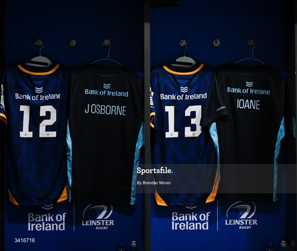 5 April 2026; The jersey of Jamie Osborne and Rieko Ioane in the Leinster dressingroom before the Investec Champions Cup match between Leinster and Edinburgh at the Aviva Stadium in Dublin. Photo by Brendan Moran/Sportsfile