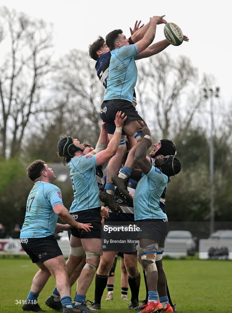 4 April 2026; Dan Murphy of MU Barnhall and Karl Madden of Wanderers contest a lineout during the Energia Men's All-Ireland League Division match between MU Barnhall and Wanderers RFC at MU Barnhall RFC in Parsonstown, Kildare. Photo by Brendan Moran/Sportsfile