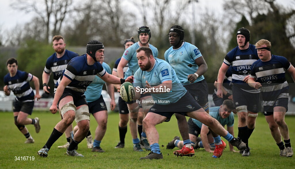 4 April 2026; Darragh Bellanova of MU Barnhall in action against Mark O'Reilly of Wanderers during the Energia Men's All-Ireland League Division match between MU Barnhall and Wanderers RFC at MU Barnhall RFC in Parsonstown, Kildare. Photo by Brendan Moran/Sportsfile