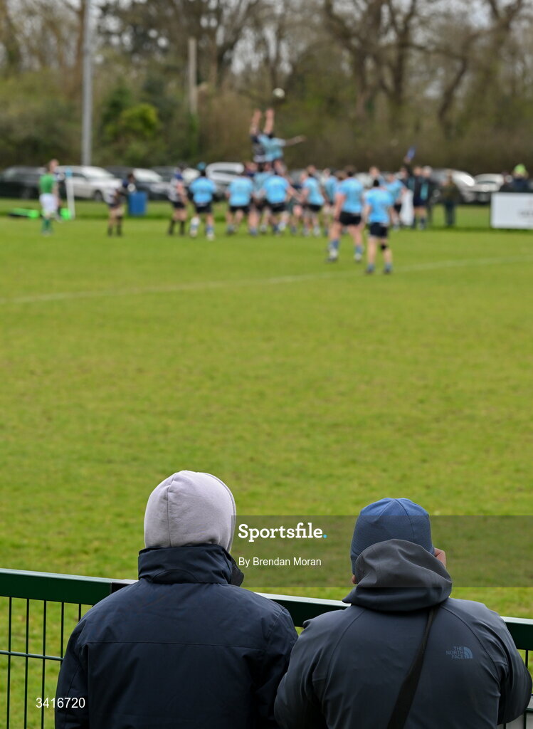 4 April 2026; Spectators look on during the Energia Men's All-Ireland League Division match between MU Barnhall and Wanderers RFC at MU Barnhall RFC in Parsonstown, Kildare. Photo by Brendan Moran/Sportsfile