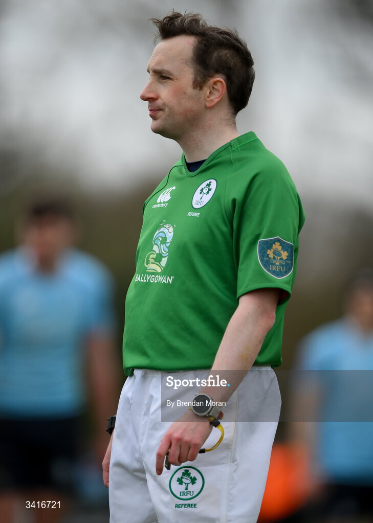 4 April 2026; Referee Shane Tuohy during the Energia Men's All-Ireland League Division match between MU Barnhall and Wanderers RFC at MU Barnhall RFC in Parsonstown, Kildare. Photo by Brendan Moran/Sportsfile