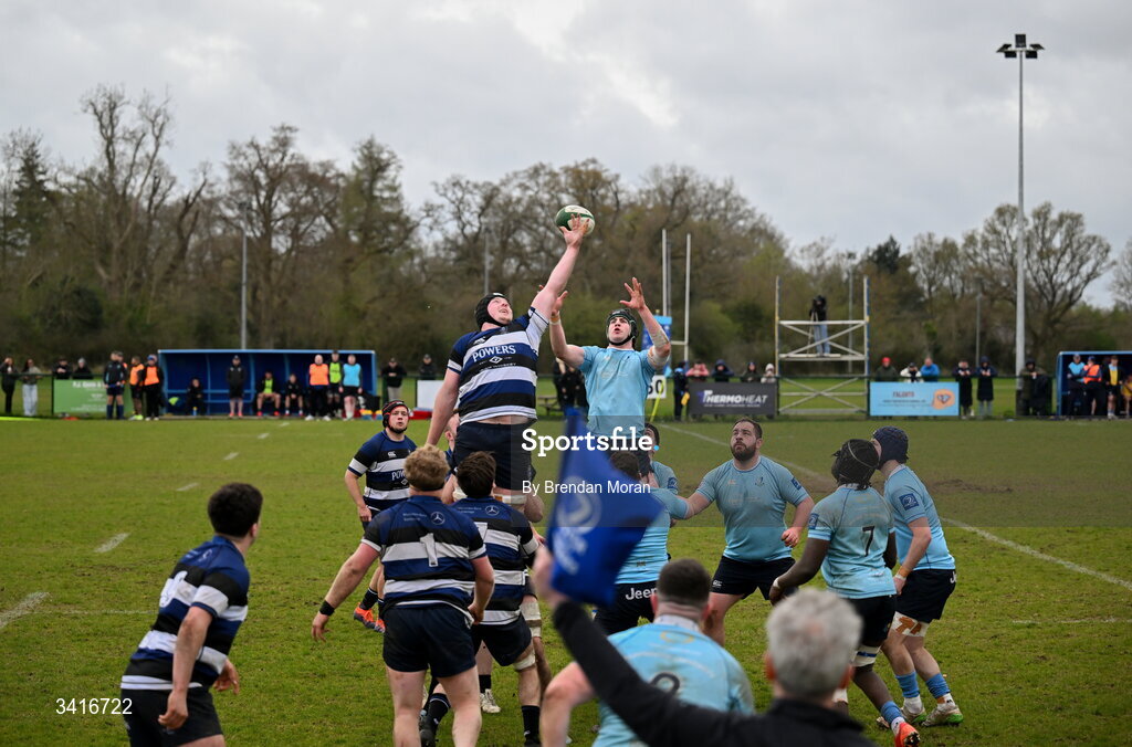 4 April 2026; A general  view of a lineout during the Energia Men's All-Ireland League Division match between MU Barnhall and Wanderers RFC at MU Barnhall RFC in Parsonstown, Kildare. Photo by Brendan Moran/Sportsfile