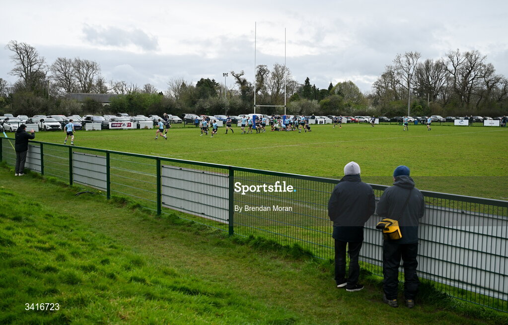 4 April 2026; Spectators look on during the Energia Men's All-Ireland League Division match between MU Barnhall and Wanderers RFC at MU Barnhall RFC in Parsonstown, Kildare. Photo by Brendan Moran/Sportsfile