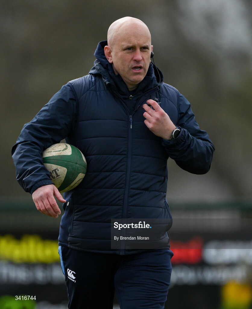 4 April 2026; MU Barnhall head coach Adrian Flavin before the Energia Men's All-Ireland League Division match between MU Barnhall and Wanderers RFC at MU Barnhall RFC in Parsonstown, Kildare. Photo by Brendan Moran/Sportsfile
