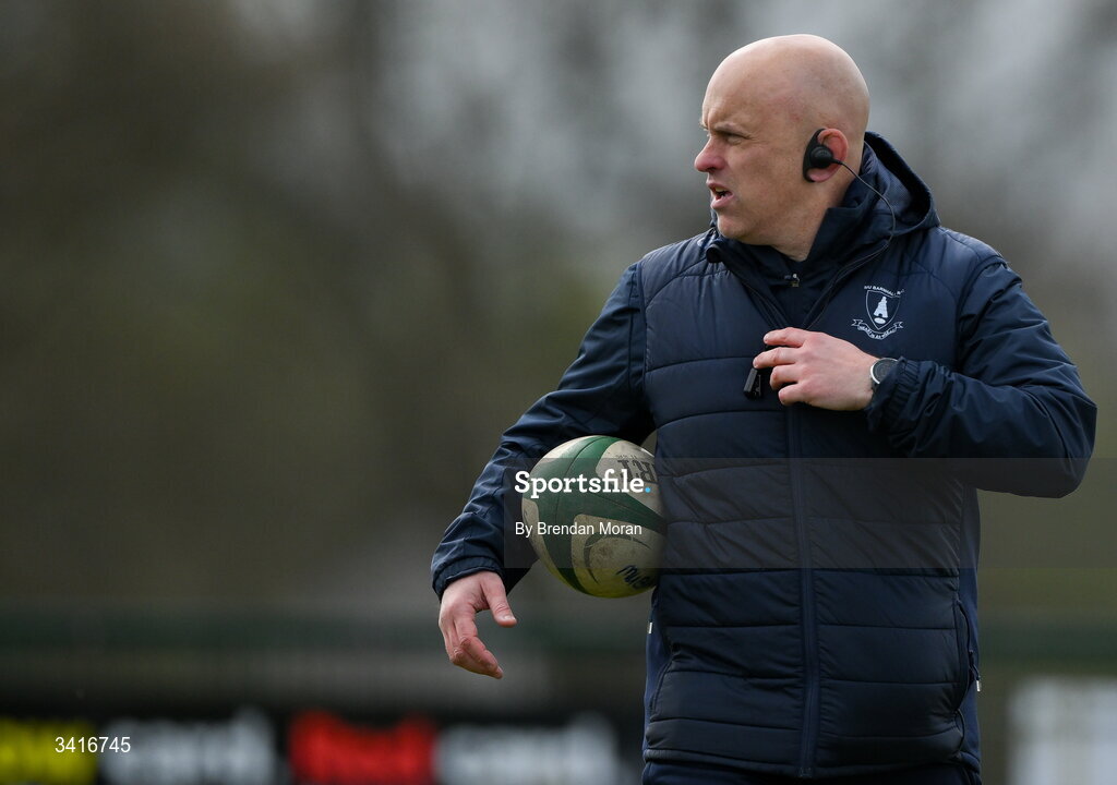 4 April 2026; MU Barnhall head coach Adrian Flavin before the Energia Men's All-Ireland League Division match between MU Barnhall and Wanderers RFC at MU Barnhall RFC in Parsonstown, Kildare. Photo by Brendan Moran/Sportsfile