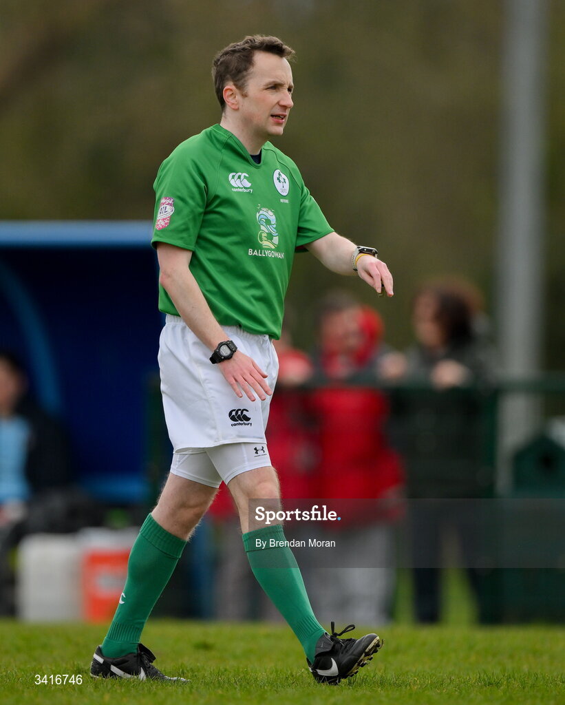 4 April 2026; Referee Shane Tuohy during the Energia Men's All-Ireland League Division match between MU Barnhall and Wanderers RFC at MU Barnhall RFC in Parsonstown, Kildare. Photo by Brendan Moran/Sportsfile