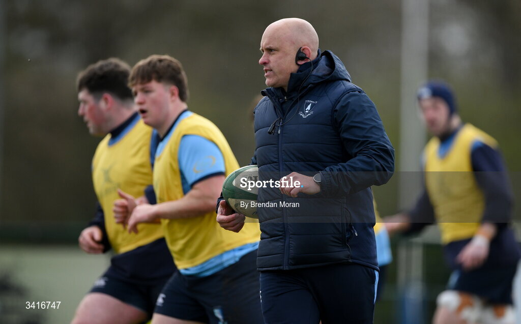 4 April 2026; MU Barnhall head coach Adrian Flavin before the Energia Men's All-Ireland League Division match between MU Barnhall and Wanderers RFC at MU Barnhall RFC in Parsonstown, Kildare. Photo by Brendan Moran/Sportsfile