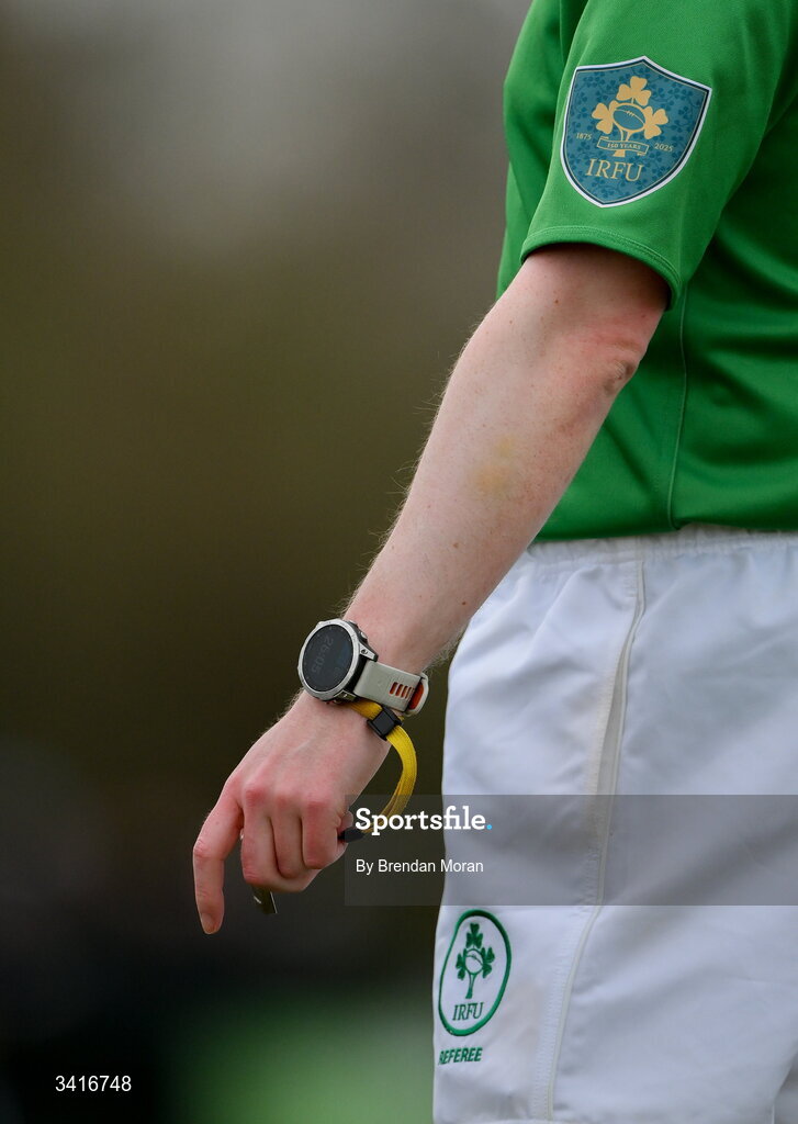 4 April 2026; A general view of a referee during the Energia Men's All-Ireland League Division match between MU Barnhall and Wanderers RFC at MU Barnhall RFC in Parsonstown, Kildare. Photo by Brendan Moran/Sportsfile