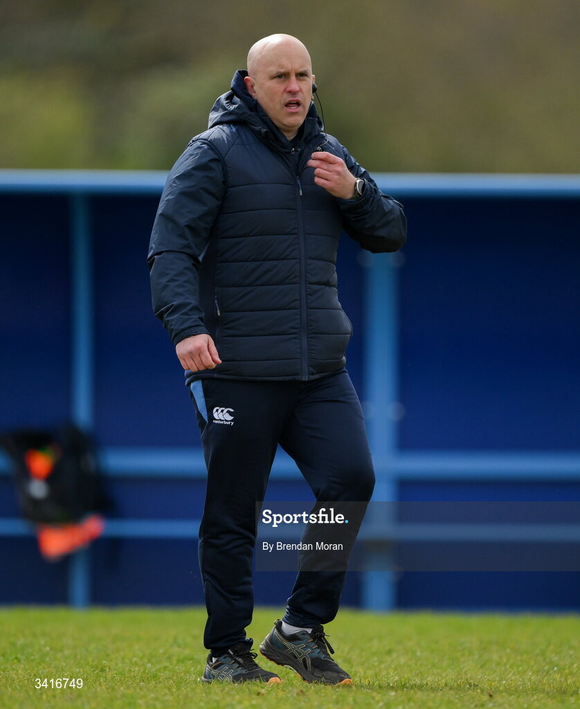 4 April 2026; MU Barnhall head coach Adrian Flavin before the Energia Men's All-Ireland League Division match between MU Barnhall and Wanderers RFC at MU Barnhall RFC in Parsonstown, Kildare. Photo by Brendan Moran/Sportsfile