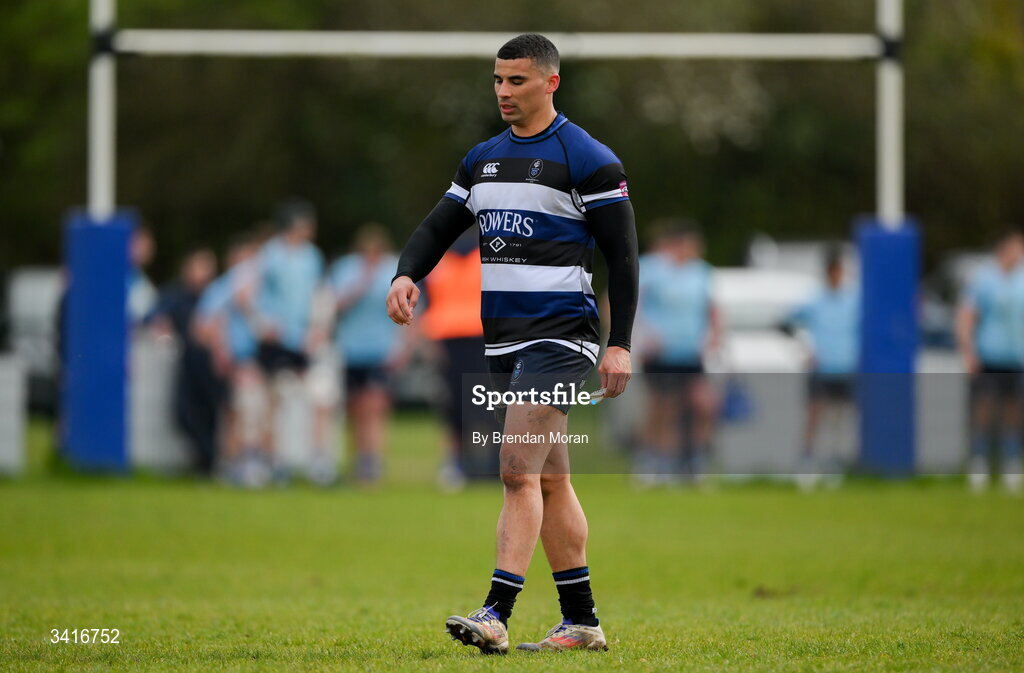 4 April 2026; Jordan Conroy of Wanderers during the Energia Men's All-Ireland League Division match between MU Barnhall and Wanderers RFC at MU Barnhall RFC in Parsonstown, Kildare. Photo by Brendan Moran/Sportsfile