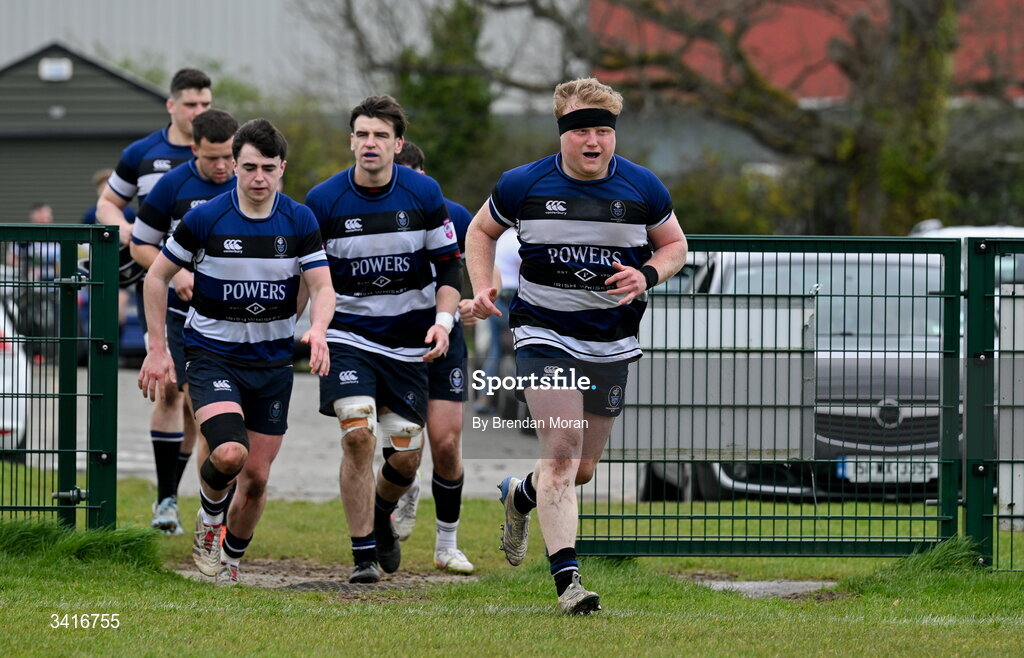 4 April 2026; Rob Scully of Wanderers leads his side onto the pitch before the Energia Men's All-Ireland League Division match between MU Barnhall and Wanderers RFC at MU Barnhall RFC in Parsonstown, Kildare. Photo by Brendan Moran/Sportsfile