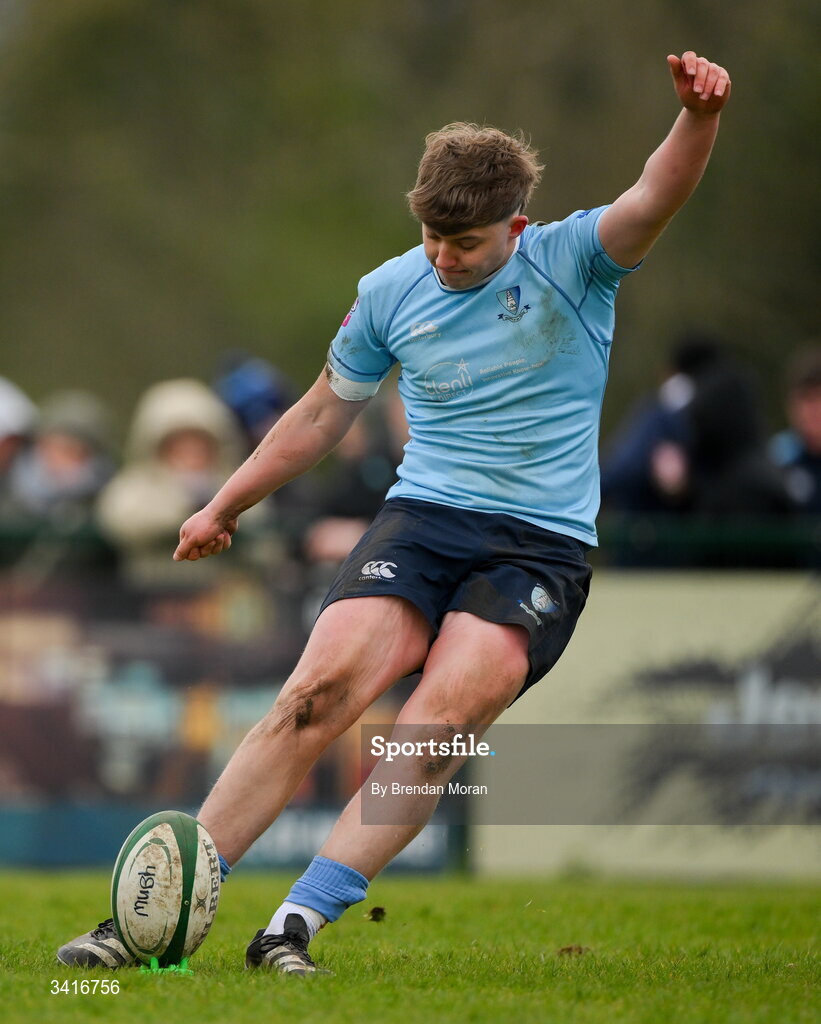 4 April 2026; Oisin O'Neill of MU Barnhall kicks a conversion during the Energia Men's All-Ireland League Division match between MU Barnhall and Wanderers RFC at MU Barnhall RFC in Parsonstown, Kildare. Photo by Brendan Moran/Sportsfile