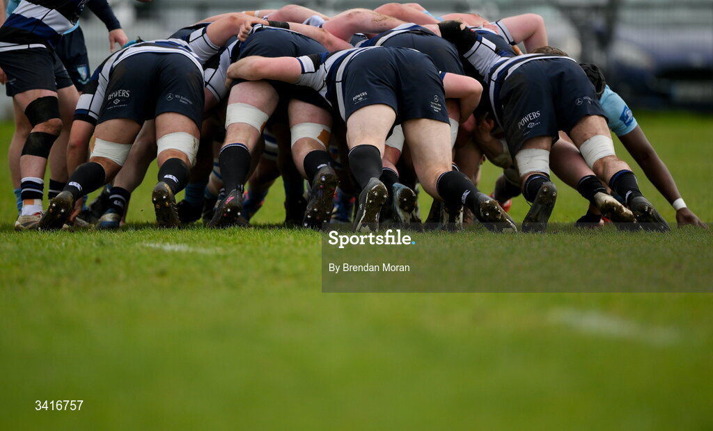 4 April 2026; A general view of a scrum during the Energia Men's All-Ireland League Division match between MU Barnhall and Wanderers RFC at MU Barnhall RFC in Parsonstown, Kildare. Photo by Brendan Moran/Sportsfile