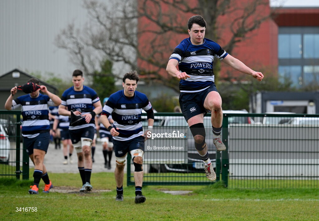 4 April 2026; Dylan Kelly of Wanderers makes his way onto the pitch before the Energia Men's All-Ireland League Division match between MU Barnhall and Wanderers RFC at MU Barnhall RFC in Parsonstown, Kildare. Photo by Brendan Moran/Sportsfile