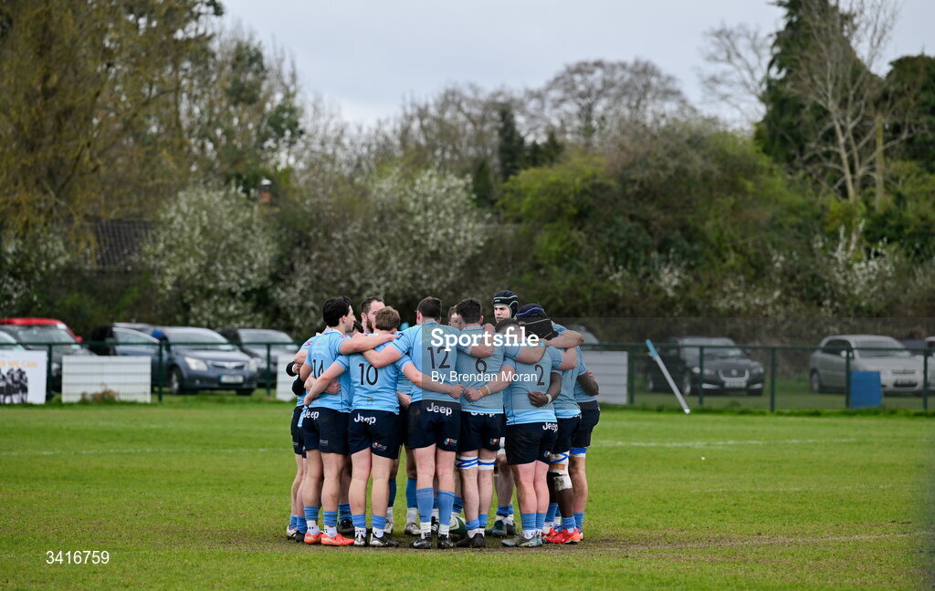 4 April 2026; MU Barnhall huddle before the Energia Men's All-Ireland League Division match between MU Barnhall and Wanderers RFC at MU Barnhall RFC in Parsonstown, Kildare. Photo by Brendan Moran/Sportsfile