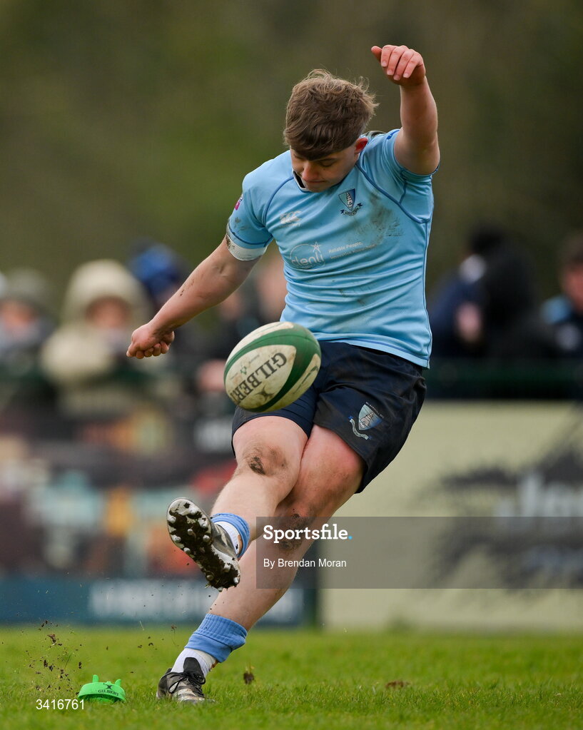 4 April 2026; Oisin O'Neill of MU Barnhall kicks a conversion during the Energia Men's All-Ireland League Division match between MU Barnhall and Wanderers RFC at MU Barnhall RFC in Parsonstown, Kildare. Photo by Brendan Moran/Sportsfile