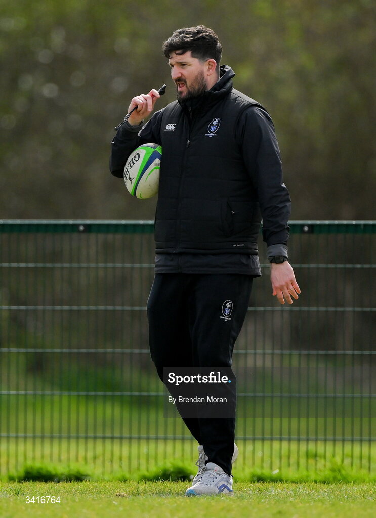 4 April 2026; Wanderers head coach Eoin Sheriff before the Energia Men's All-Ireland League Division match between MU Barnhall and Wanderers RFC at MU Barnhall RFC in Parsonstown, Kildare. Photo by Brendan Moran/Sportsfile