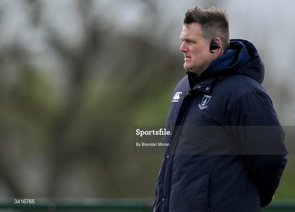 4 April 2026; MU Barnhall defence coach Tom McKeown before the Energia Men's All-Ireland League Division match between MU Barnhall and Wanderers RFC at MU Barnhall RFC in Parsonstown, Kildare. Photo by Brendan Moran/Sportsfile