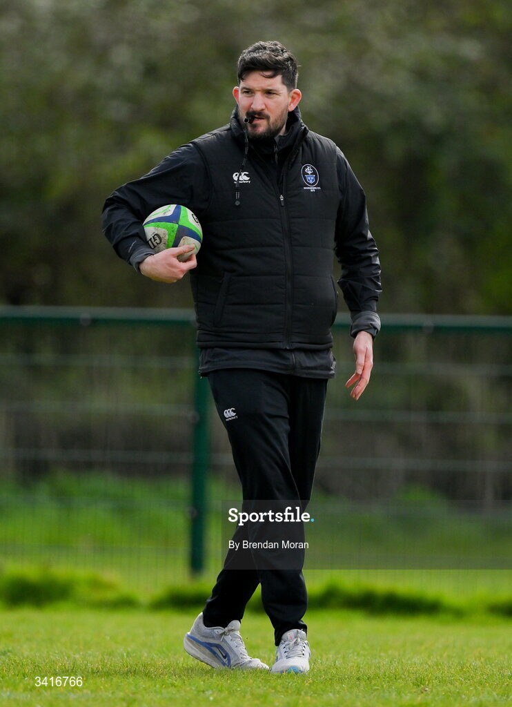 4 April 2026; Wanderers head coach Eoin Sheriff before the Energia Men's All-Ireland League Division match between MU Barnhall and Wanderers RFC at MU Barnhall RFC in Parsonstown, Kildare. Photo by Brendan Moran/Sportsfile