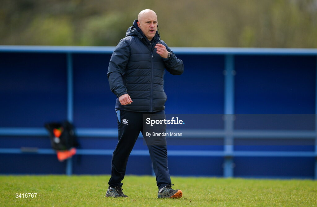 4 April 2026; MU Barnhall head coach Adrian Flavin before the Energia Men's All-Ireland League Division match between MU Barnhall and Wanderers RFC at MU Barnhall RFC in Parsonstown, Kildare. Photo by Brendan Moran/Sportsfile