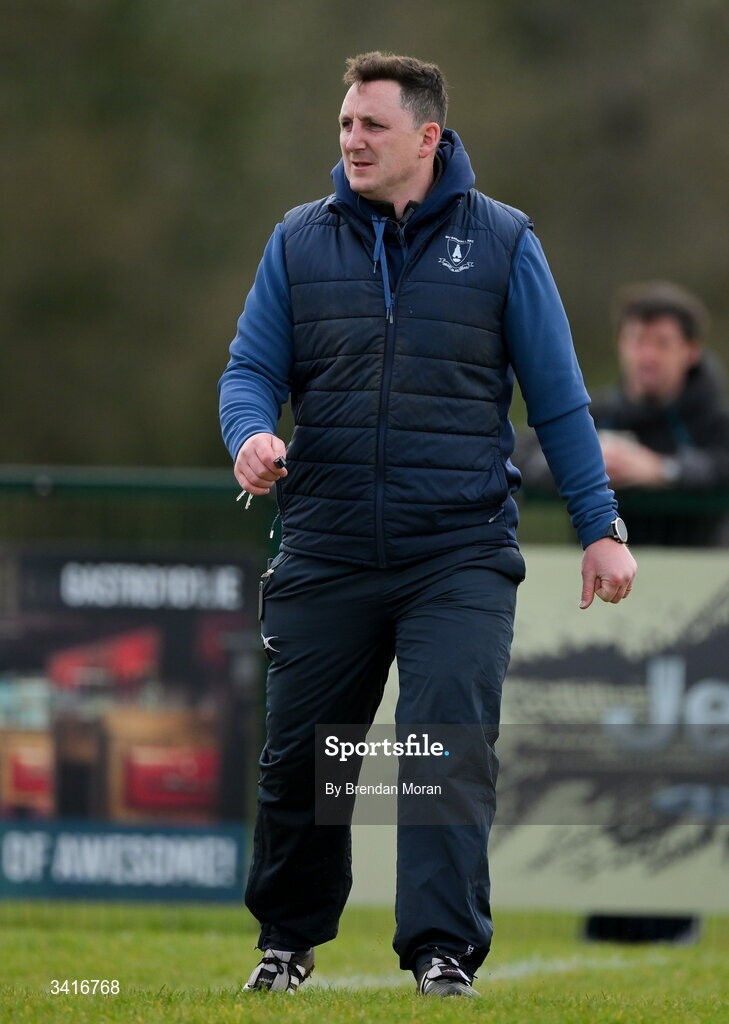 4 April 2026; MU Barnhall backs coach Darren Hudson during the Energia Men's All-Ireland League Division match between MU Barnhall and Wanderers RFC at MU Barnhall RFC in Parsonstown, Kildare. Photo by Brendan Moran/Sportsfile
