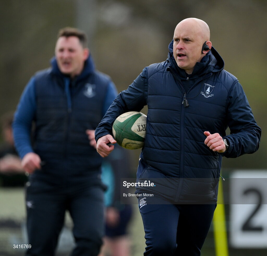 4 April 2026; MU Barnhall head coach Adrian Flavin, right, and backs coach Darren Hudson before the Energia Men's All-Ireland League Division match between MU Barnhall and Wanderers RFC at MU Barnhall RFC in Parsonstown, Kildare. Photo by Brendan Moran/Sportsfile