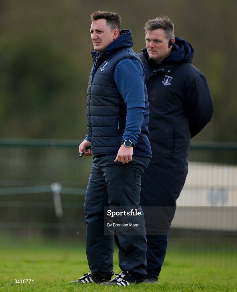 4 April 2026; MU Barnhall backs coach Darren Hudson, left, and defence coach Tom McKeown before the Energia Men's All-Ireland League Division match between MU Barnhall and Wanderers RFC at MU Barnhall RFC in Parsonstown, Kildare. Photo by Brendan Moran/Sportsfile