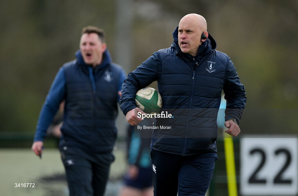 4 April 2026; MU Barnhall head coach Adrian Flavin, right, and backs coach Darren Hudson before the Energia Men's All-Ireland League Division match between MU Barnhall and Wanderers RFC at MU Barnhall RFC in Parsonstown, Kildare. Photo by Brendan Moran/Sportsfile