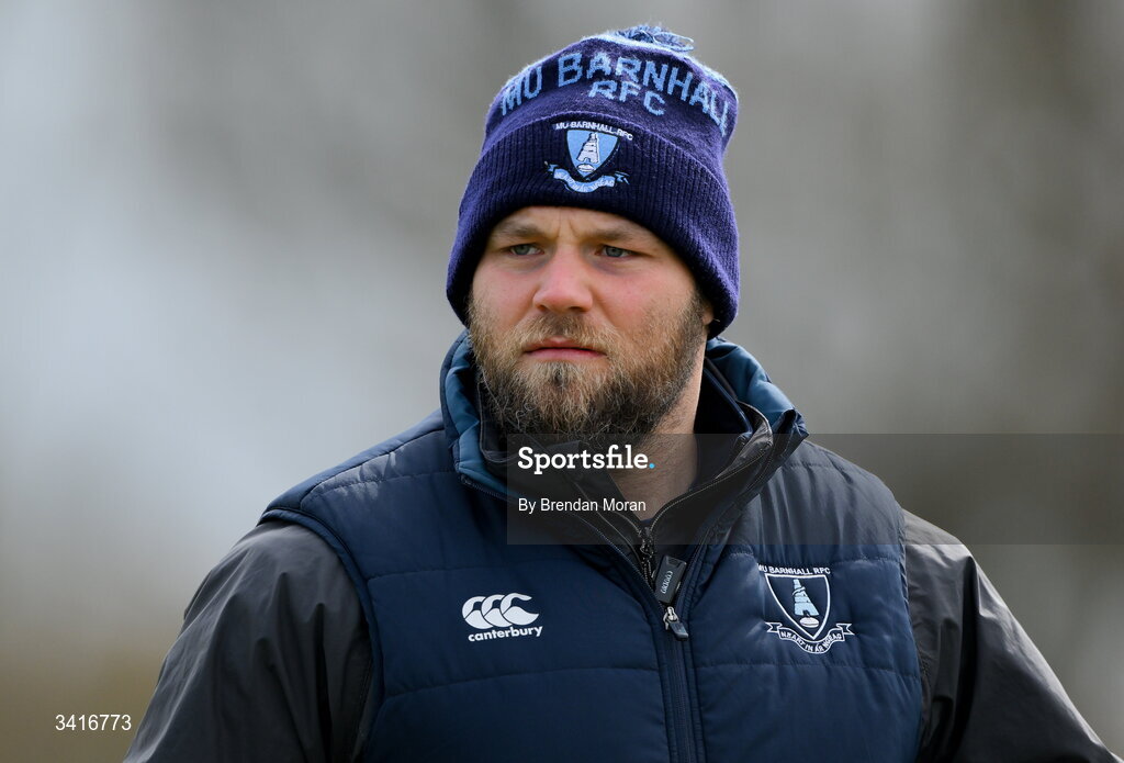 4 April 2026; MU Barnhall scrum coach JP Botha before the Energia Men's All-Ireland League Division match between MU Barnhall and Wanderers RFC at MU Barnhall RFC in Parsonstown, Kildare. Photo by Brendan Moran/Sportsfile