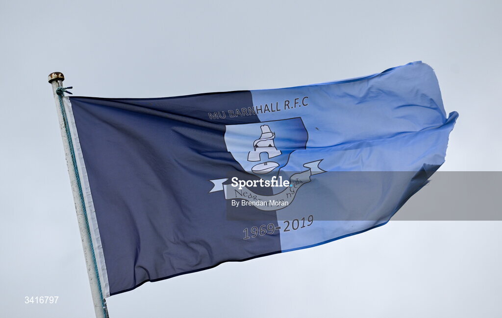 4 April 2026; A general view as an MU Barnhall flag flies in the wind before the Energia Men's All-Ireland League Division match between MU Barnhall and Wanderers RFC at MU Barnhall RFC in Parsonstown, Kildare. Photo by Brendan Moran/Sportsfile