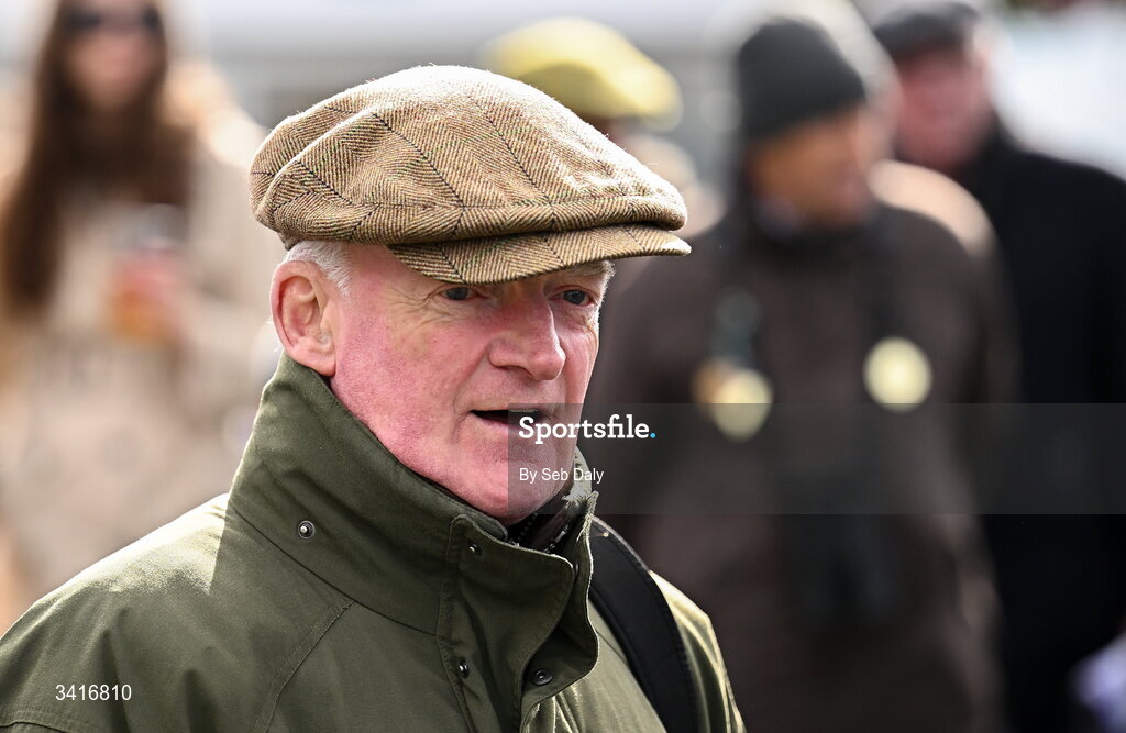 5 April 2026; Trainer Willie Mullins after sending out He's On Fire on win the Paddy Kehoe Suspended Ceilings Novice Hurdle during day two of the Fairyhouse Easter Festival at Fairyhouse Racecourse in Ratoath, Meath. Photo by Seb Daly/Sportsfile