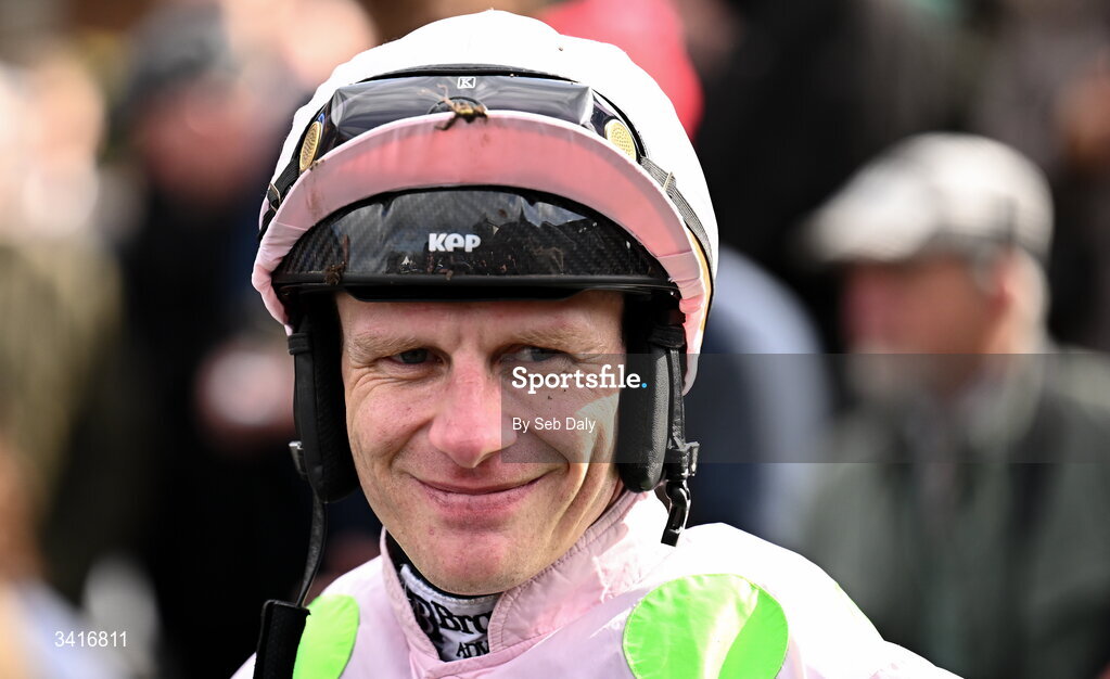 5 April 2026; Jockey Paul Towend after winning the Paddy Kehoe Suspended Ceilings Novice Hurdle on He's On Fire during day two of the Fairyhouse Easter Festival at Fairyhouse Racecourse in Ratoath, Meath. Photo by Seb Daly/Sportsfile