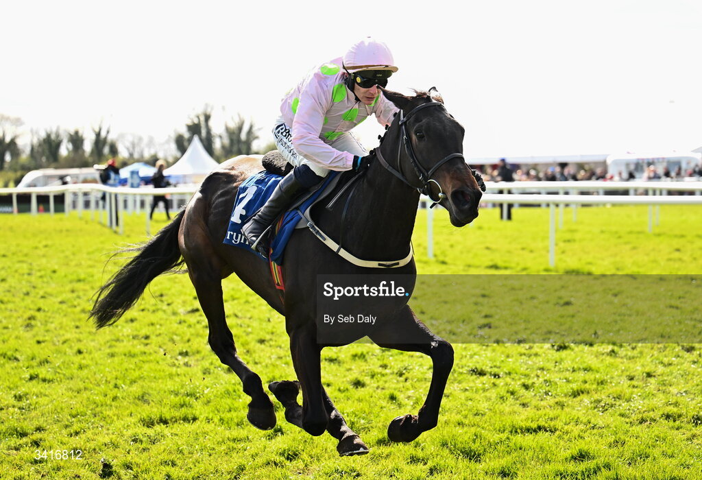 5 April 2026; He's On Fire, with Paul Townend up, on their way to winning the Paddy Kehoe Suspended Ceilings Novice Hurdle during day two of the Fairyhouse Easter Festival at Fairyhouse Racecourse in Ratoath, Meath. Photo by Seb Daly/Sportsfile