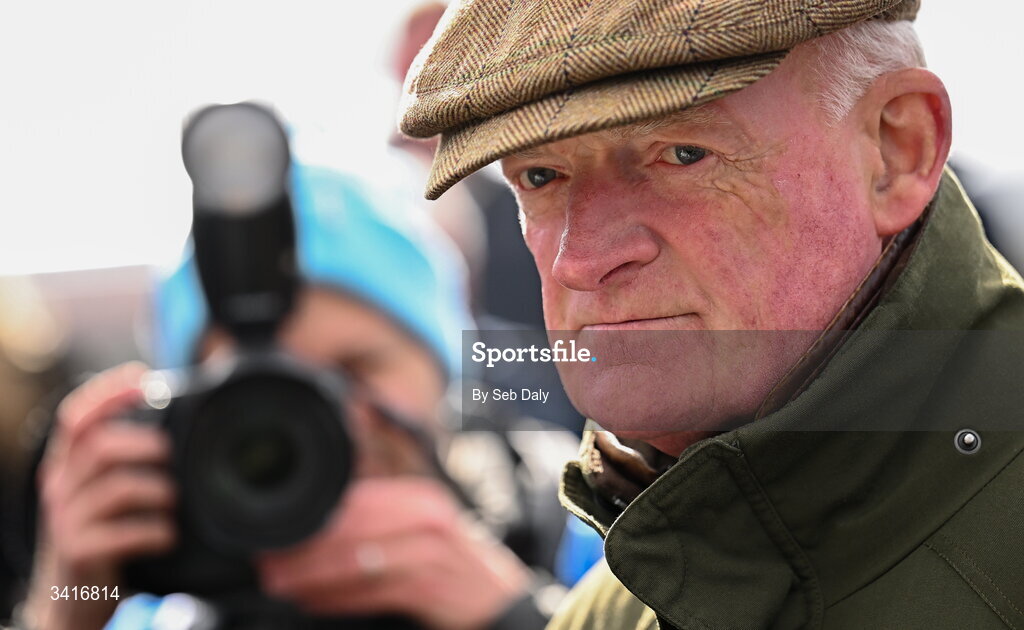 5 April 2026; Trainer Willie Mullins after sending out He's On Fire on win the Paddy Kehoe Suspended Ceilings Novice Hurdle during day two of the Fairyhouse Easter Festival at Fairyhouse Racecourse in Ratoath, Meath. Photo by Seb Daly/Sportsfile