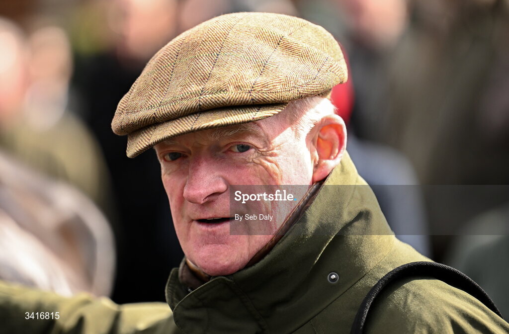 5 April 2026; Trainer Willie Mullins after sending out He's On Fire on win the Paddy Kehoe Suspended Ceilings Novice Hurdle during day two of the Fairyhouse Easter Festival at Fairyhouse Racecourse in Ratoath, Meath. Photo by Seb Daly/Sportsfile