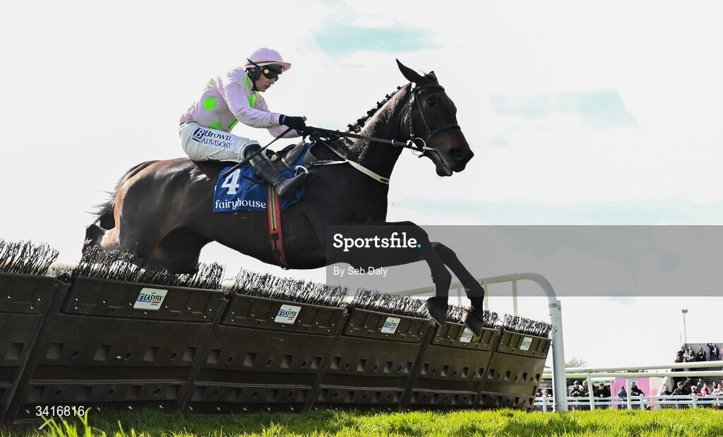 5 April 2026; He's On Fire, with Paul Townend up, jumps the last on their way to winning the Paddy Kehoe Suspended Ceilings Novice Hurdle during day two of the Fairyhouse Easter Festival at Fairyhouse Racecourse in Ratoath, Meath. Photo by Seb Daly/Sportsfile