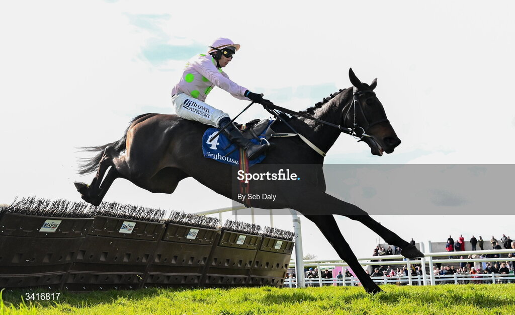 5 April 2026; He's On Fire, with Paul Townend up, jumps the last on their way to winning the Paddy Kehoe Suspended Ceilings Novice Hurdle during day two of the Fairyhouse Easter Festival at Fairyhouse Racecourse in Ratoath, Meath. Photo by Seb Daly/Sportsfile