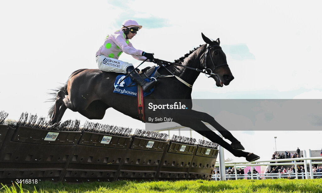 5 April 2026; He's On Fire, with Paul Townend up, jumps the last on their way to winning the Paddy Kehoe Suspended Ceilings Novice Hurdle during day two of the Fairyhouse Easter Festival at Fairyhouse Racecourse in Ratoath, Meath. Photo by Seb Daly/Sportsfile