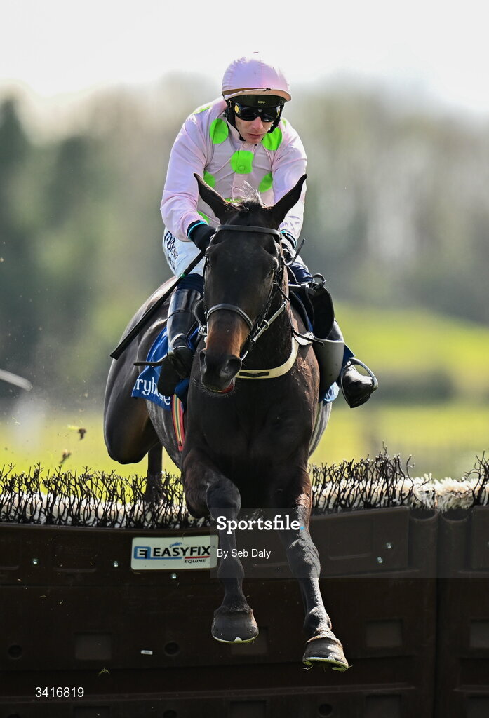 5 April 2026; He's On Fire, with Paul Townend up, jumps the last on their way to winning the Paddy Kehoe Suspended Ceilings Novice Hurdle during day two of the Fairyhouse Easter Festival at Fairyhouse Racecourse in Ratoath, Meath. Photo by Seb Daly/Sportsfile