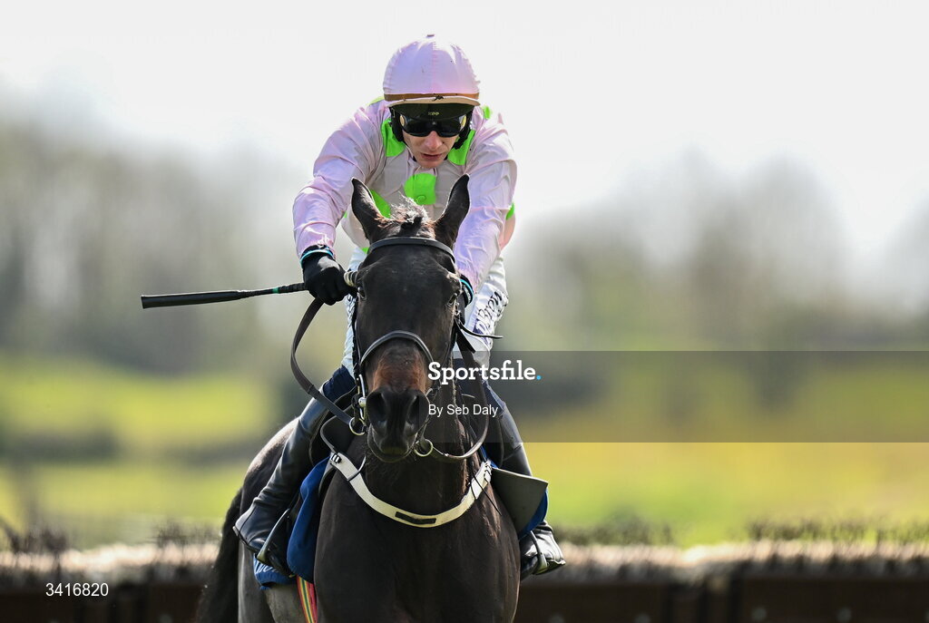 5 April 2026; He's On Fire, with Paul Townend up, on their way to winning the Paddy Kehoe Suspended Ceilings Novice Hurdle during day two of the Fairyhouse Easter Festival at Fairyhouse Racecourse in Ratoath, Meath. Photo by Seb Daly/Sportsfile