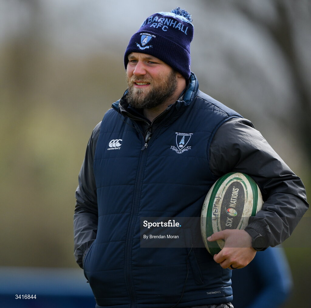 4 April 2026; MU Barnhall scrum coach JP Botha before the Energia Men's All-Ireland League Division match between MU Barnhall and Wanderers RFC at MU Barnhall RFC in Parsonstown, Kildare. Photo by Brendan Moran/Sportsfile